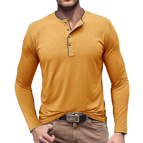 RQPYQF T Shirt Herren Henley-Ausschnitt T-Shirts Herbst Langarm Oberteile Einfarbig Mode Pullover Basic T-Shirt Männer CS05 Größe S-2XL (Gelb, L) von RQPYQF