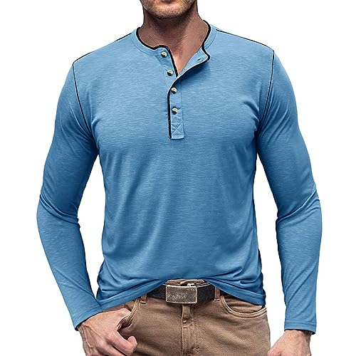 RQPYQF T Shirt Herren Henley-Ausschnitt T-Shirts Herbst Langarm Oberteile Einfarbig Mode Pullover Basic T-Shirt Männer CS05 Größe S-2XL (Hellblau, XXL) von RQPYQF