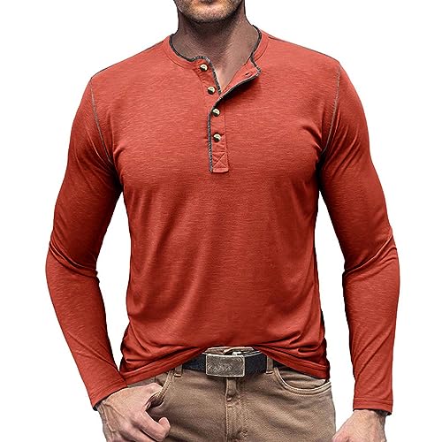 RQPYQF T Shirt Herren Henley-Ausschnitt T-Shirts Herbst Langarm Oberteile Einfarbig Mode Pullover Basic T-Shirt Männer CS05 Größe S-2XL (Orange Rot, XXL) von RQPYQF