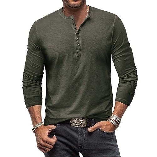 RQPYQF T Shirt Herren Henley-Ausschnitt T-Shirts Herbst Langarm Oberteile Einfarbig Mode Pullover Basic T-Shirt Männer CS07 Größe S-2XL (Armeegrün, M) von RQPYQF