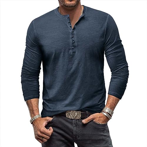 RQPYQF T Shirt Herren Henley-Ausschnitt T-Shirts Herbst Langarm Oberteile Einfarbig Mode Pullover Basic T-Shirt Männer CS07 Größe S-2XL (Dunkelblau, L) von RQPYQF