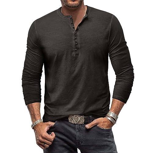 RQPYQF T Shirt Herren Henley-Ausschnitt T-Shirts Herbst Langarm Oberteile Einfarbig Mode Pullover Basic T-Shirt Männer CS07 Größe S-2XL (Dunkelgrau, XL) von RQPYQF