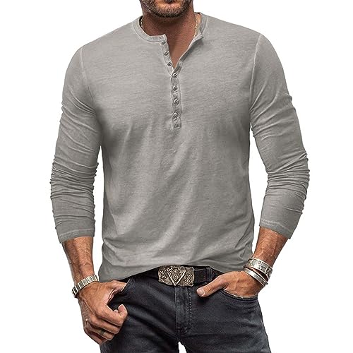 RQPYQF T Shirt Herren Henley-Ausschnitt T-Shirts Herbst Langarm Oberteile Einfarbig Mode Pullover Basic T-Shirt Männer CS07 Größe S-2XL (Hellgrau, XXL) von RQPYQF