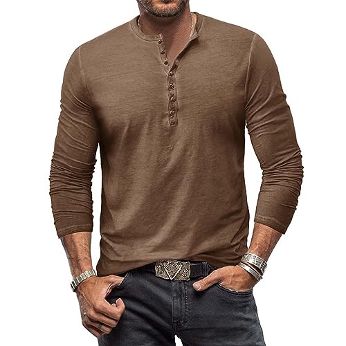 RQPYQF T Shirt Herren Henley-Ausschnitt T-Shirts Herbst Langarm Oberteile Einfarbig Mode Pullover Basic T-Shirt Männer CS07 Größe S-2XL (Khaki, S) von RQPYQF