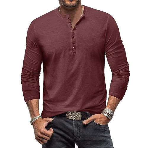 RQPYQF T Shirt Herren Henley-Ausschnitt T-Shirts Herbst Langarm Oberteile Einfarbig Mode Pullover Basic T-Shirt Männer CS07 Größe S-2XL (WeinRot, XL) von RQPYQF