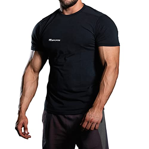 1 x Herren Sport- & Fitness T-Shirt Schwarz (M) - Kurzarm Tshirt aus hochwertiger Baumwolle - Männer Sportbekleidung Funktionsshirt - Slim-Fit Sportshirt Krafttraining Gym & Freizeit von RR Sports