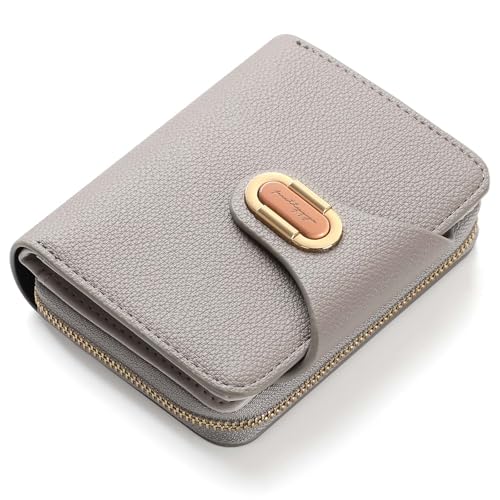 RRANCharltu Geldbörse Damen, Portemonnaie Damen klein PU-Leder Kleiner Geldbeutel mit großes Reißverschluss-Münzfach Mini Geldbörse Stylisches Design mit Metall-Druckknopf, Grau von RRANCharltu