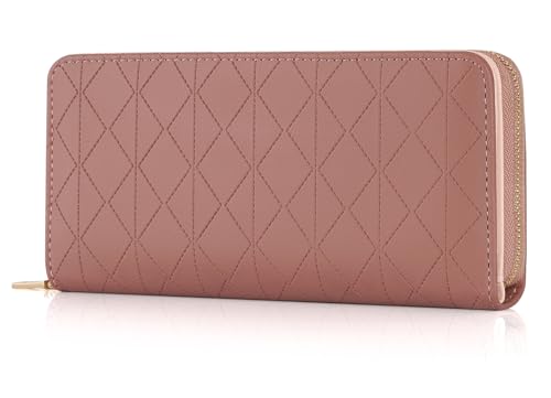 RRANCharltu Geldbörse Damen Leder Portemonnaie Damen groß Geldbeutel im Langformat Gross Portmonee mit Reißverschluss und Druckknopf mit vielen Fächern und Kartenhalter, Dunkelrosa von RRANCharltu