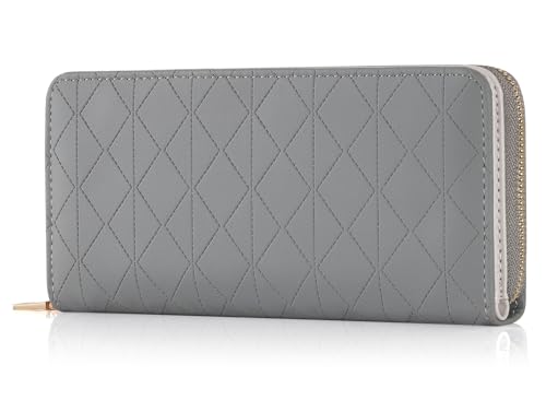 RRANCharltu Geldbörse Damen Leder Portemonnaie Damen groß Geldbeutel im Langformat Gross Portmonee mit Reißverschluss und Druckknopf mit vielen Fächern und Kartenhalter, Grau von RRANCharltu
