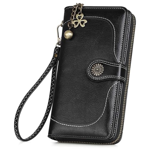RRANCharltu Geldbörse Damen Leder Portemonnaie Damen groß im Langformat Gross Geldbeutel mit Reißverschluss Druckknopf und vielen Fächern von RRANCharltu
