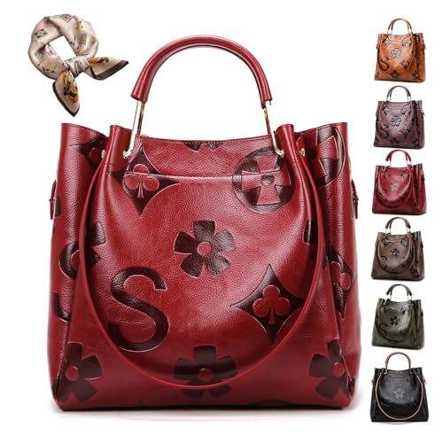 RRCJXLQDSF Floral Handtaschen Leder Schultertasche für Damen 2-teiliges Geprägtes Portemonnaie & Handtasche Trendige Designer Damen Bucket Tote (Red) von RRCJXLQDSF