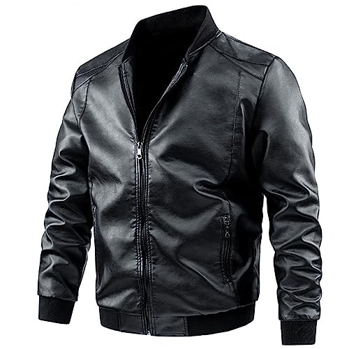 RRGEAR Herren Lederjacke Jacke Rindleder Biker Herren Jacke Kunst- Lederjacke Biker Black Übergangsjacke Schwarz Motorradjacke Herren Fleece Jacket Herren von RRGEAR