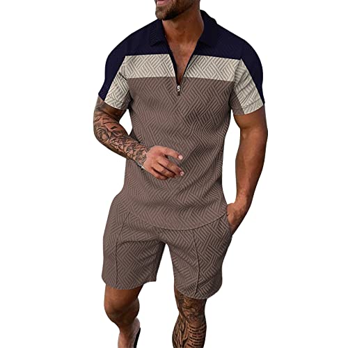 RRGEAR Sommer Herren Kurzarm Lässiger Reißverschluss Polo Shirt Herren Shorts Atmungsaktiver Anzug Lässiges Sport T-Shirt Sweatshirt Retro Trainingsanzug von RRGEAR