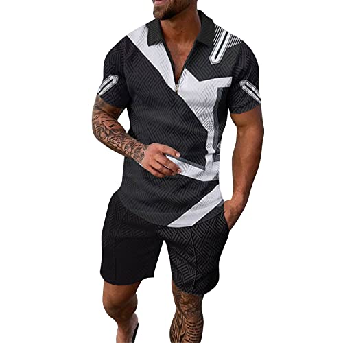 RRGEAR Trainingsanzug für Herren Sommer Sportanzug 2 Teiliges Bedruckter Outfit Set Kurzarm T-Shirts mit Rundhalsausschnitt + Kurze Hose Freizeitanzug für Männer Herren Jogginganzug von RRGEAR