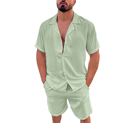 Zweiteiler Herren Leinenanzug Sommer Freizeitanzug Einfarbig 2-teilig Kurzarm Button-Up Revers Hemd und Shorts Beach Shirt Kurze Hose Set Baumwolle Leinen Anzug Jogginganzug Yoga Anzug von RRGEAR