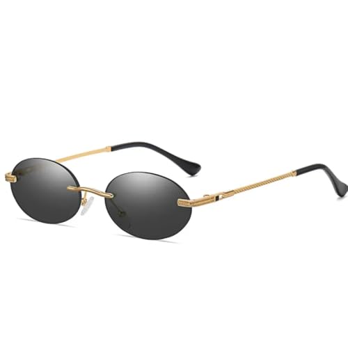 RRNTTTM Ovale Retro-Sonnenbrille, randlos, für Herren, blau verspiegelt, goldfarbenes Metall, Herrenbrille, rund, rahmenlos, Damen, UV400 (Goldschwarz) von RRNTTTM