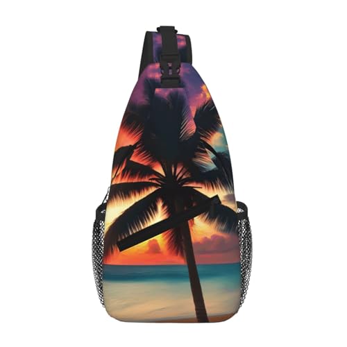 Tropischer Strand Palme Sonnenuntergang Sling Brusttasche für Damen und Herren Kleine Schultertasche Wasserdicht Mini Crossbody Daypack zum Wandern von RRSZCC