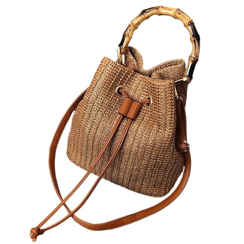 Beuteltasche Damen Damen Boho Crossbody Schultertasche Kordelzug Stroh gewebt Eimer Taschen weibliche Rattan Griff Strandtasche Kette Handtaschen(Brown) von RRYPBOVG
