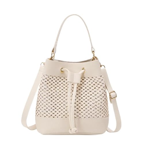 RRYPBOVG Beuteltasche Damen Bündeltasche Stroh Umhängetasche Pendelhandtasche Kordelzug Eimertasche Große Kapazität Strand Mädchen(Beige) von RRYPBOVG
