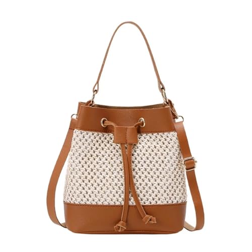 RRYPBOVG Beuteltasche Damen Bündeltasche Stroh Umhängetasche Pendelhandtasche Kordelzug Eimertasche Große Kapazität Strand Mädchen(Brown) von RRYPBOVG