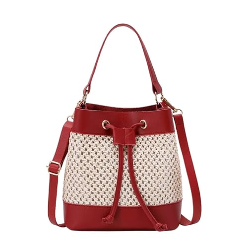 RRYPBOVG Beuteltasche Damen Bündeltasche Stroh Umhängetasche Pendelhandtasche Kordelzug Eimertasche Große Kapazität Strand Mädchen(Red) von RRYPBOVG