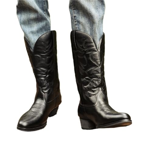 RRYPBOVG Cowboy Stiefel Männer Bestickte Männer Kniehohe Stiefel aus Leder Retro Cowboystiefel Keil Reißverschluss Freizeitschuhe Botas(Black-Men boots,44) von RRYPBOVG