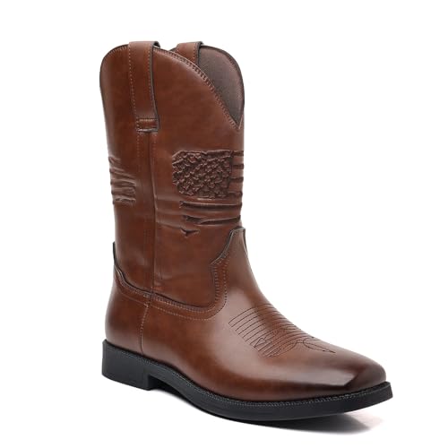 RRYPBOVG Cowboy Stiefel Männer Braune bestickte Cowboystiefel Kunstlederschuhe Retro Herren Ethnostiefel Motorradstiefel Plus 48 Botines Hombre(Brown,44) von RRYPBOVG