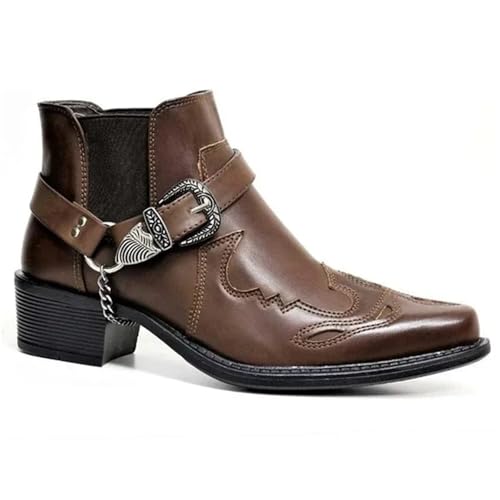 RRYPBOVG Cowboy Stiefel Männer Herren Vintage Cowboystiefel Leder High Top Kette Schnalle Riemen Punk Schuhe Spitzschuh Bikerstiefel Herren(Brown,39) von RRYPBOVG