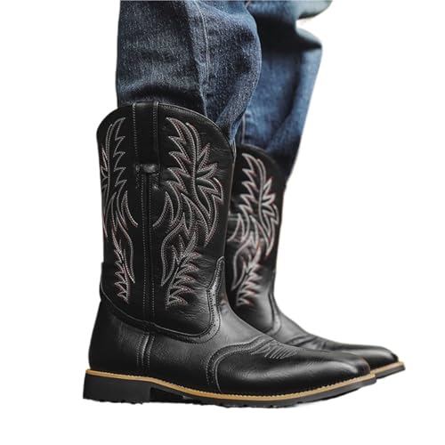RRYPBOVG Cowboy Stiefel Männer Herren Western Cowboystiefel Stickerei Stiefel Square Head Mid-Calf Herrenstiefel Slip On Herren Reitschuhe(Black,41) von RRYPBOVG