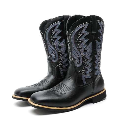 RRYPBOVG Cowboy Stiefel Männer Retro-Seilstiefel mit kreativem Muster und Stickerei for Herren, Cowboystiefel mit breiter Spitze for Herren, High-Top-Reitstiefel(Black,39) von RRYPBOVG