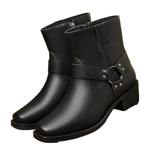 RRYPBOVG Cowboy Stiefel Männer Vintage-Cowboystiefel aus braunem Leder for Herren, wadenhohe Stiefel, Ritterstiefel, trendige, coole Motorradstiefel, kurze Stiefeletten, Herrenschuhe(Black,41) von RRYPBOVG