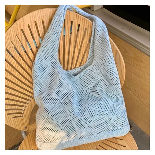 RRYPBOVG Häkeltasche Design Damen Handtasche Aushöhlen Strand Paket Große Kapazität Schulter Einkaufstasche Gestrickte Weibliche Tote(Blue) von RRYPBOVG