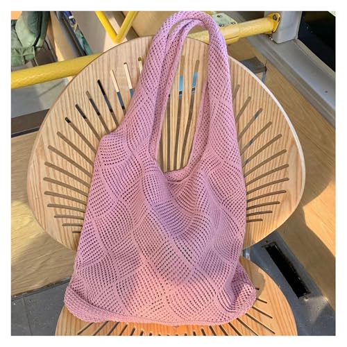RRYPBOVG Häkeltasche Design Damen Handtasche Aushöhlen Strand Paket Große Kapazität Schulter Einkaufstasche Gestrickte Weibliche Tote(Pink) von RRYPBOVG