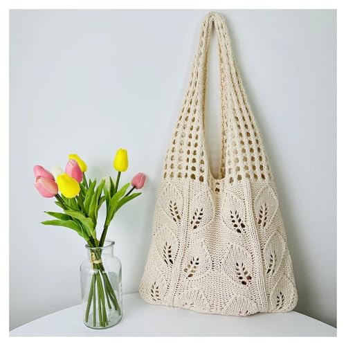 RRYPBOVG Häkeltasche Gestrickte Handtaschen Strandtaschen Leichte Studenten Schulter Casual Tote Weiblichen Stil Einkaufs Gewebte Taschen for Frauen Mädchen(Beige) von RRYPBOVG