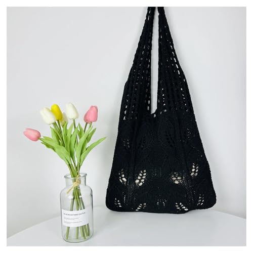 RRYPBOVG Häkeltasche Gestrickte Handtaschen Strandtaschen Leichte Studenten Schulter Casual Tote Weiblichen Stil Einkaufs Gewebte Taschen for Frauen Mädchen(Black) von RRYPBOVG
