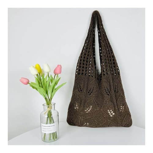 RRYPBOVG Häkeltasche Gestrickte Handtaschen Strandtaschen Leichte Studenten Schulter Casual Tote Weiblichen Stil Einkaufs Gewebte Taschen for Frauen Mädchen(Coffee) von RRYPBOVG