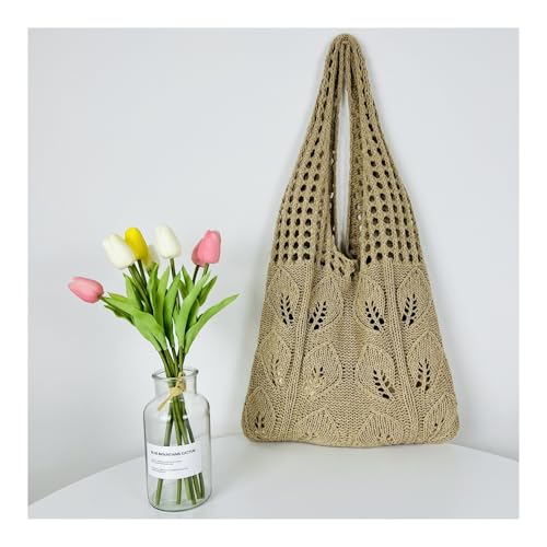 RRYPBOVG Häkeltasche Gestrickte Handtaschen Strandtaschen Leichte Studenten Schulter Casual Tote Weiblichen Stil Einkaufs Gewebte Taschen for Frauen Mädchen(Khaki) von RRYPBOVG