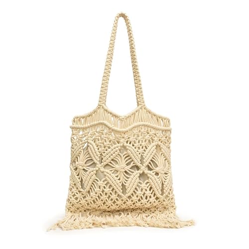 RRYPBOVG Häkeltasche Sommer Strandtasche for Frauen Mesh Seil gestrickt Eimer Schultertaschen Reticulate Hollow Travel Shopper Totes Damen Mode Handtasche(Beige) von RRYPBOVG