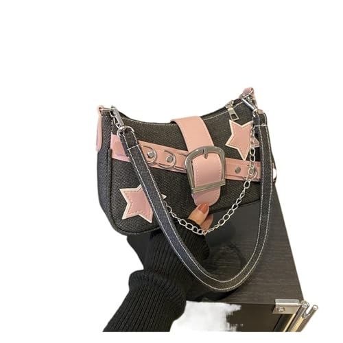 RRYPBOVG Jeans Tasche Damen Damen Handtaschen Denim Sterne Muster Unterarm Tasche Weibliche Kleine Schulter Hobo Taschen Kette Einkaufstasche(Black) von RRYPBOVG