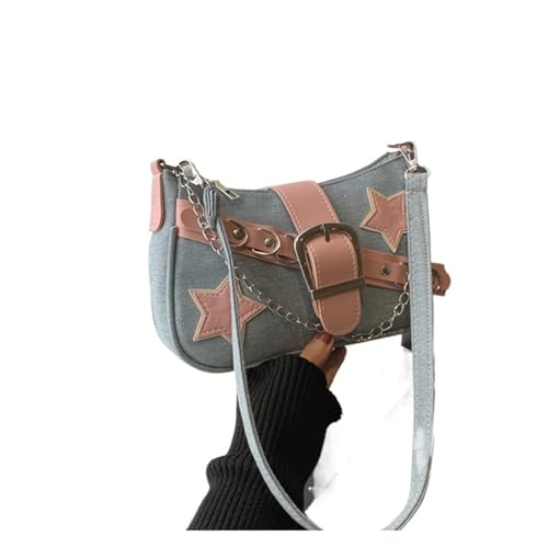 RRYPBOVG Jeans Tasche Damen Damen Handtaschen Denim Sterne Muster Unterarm Tasche Weibliche Kleine Schulter Hobo Taschen Kette Einkaufstasche(Blue) von RRYPBOVG