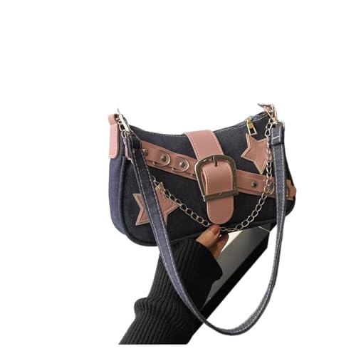 RRYPBOVG Jeans Tasche Damen Damen Handtaschen Denim Sterne Muster Unterarm Tasche Weibliche Kleine Schulter Hobo Taschen Kette Einkaufstasche(Darkblue) von RRYPBOVG