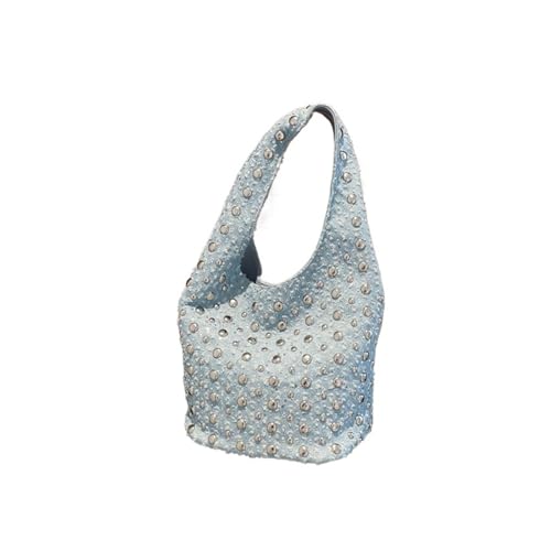 RRYPBOVG Jeans Tasche Damen Denim Pailletten Nieten Unterarm Schultertasche,Vintage Metall Handtasche,Blau Chic Frauen Eimer Tragetaschen(Blue1) von RRYPBOVG