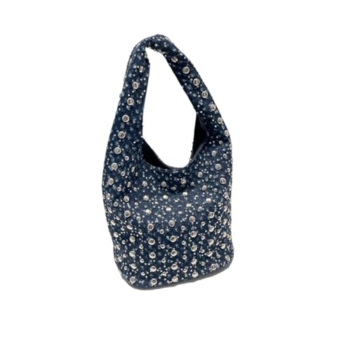 RRYPBOVG Jeans Tasche Damen Denim Pailletten Nieten Unterarm Schultertasche,Vintage Metall Handtasche,Blau Chic Frauen Eimer Tragetaschen(Dark blue) von RRYPBOVG