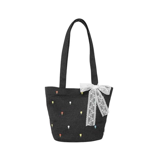 RRYPBOVG Jeans Tasche Damen Retro Denim Bucket Bag Unterarmtasche Große Kapazität Damen Magnetknopf Stickerei Umhängetasche(Black) von RRYPBOVG