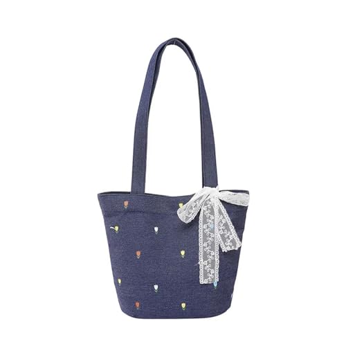 RRYPBOVG Jeans Tasche Damen Retro Denim Bucket Bag Unterarmtasche Große Kapazität Damen Magnetknopf Stickerei Umhängetasche(Dark Blue) von RRYPBOVG