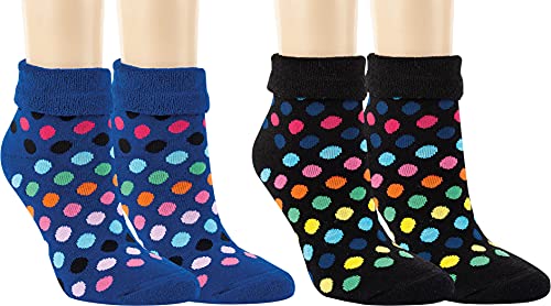 RS. Harmony Thermo-Socken mit Umschlagrand, Weihnachtssocken, warme und weiche Damen Frottee Kuschelsocken ohne Gummidruck, 2 Paar, blau-schwarz mit bunte Punkte, 39-42 von RS. Harmony