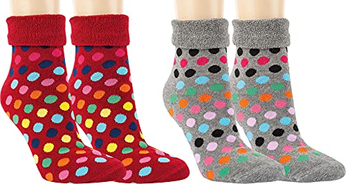 RS. Harmony Thermo-Socken mit Umschlagrand, Weihnachtssocken für Advent Tage, warme und weiche Damen Frottee Kuschelsocken ohne Gummidruck, 2 Paar, rot-grau mit bunte Punkte, 35-38 von RS. Harmony