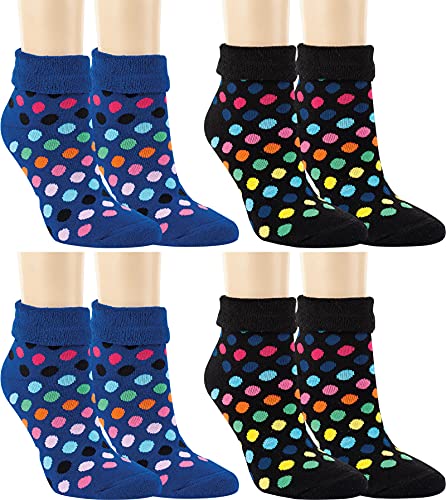 RS. Harmony Thermo-Socken mit Umschlagrand, Weihnachtssocken für Advent Tage, warme und weiche Damen Frottee Kuschelsocken ohne Gummidruck, 4 Paar, blau-schwarz mit bunte Punkte, 39-42 von RS. Harmony