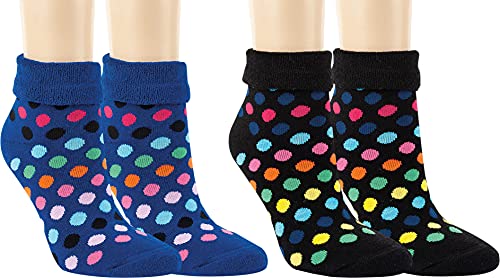 RS. Harmony Thermo-Socken mit Umschlagrand, Weihnachtssocken, warme und weiche Damen Frottee Kuschelsocken ohne Gummidruck, 2 Paar, blau-schwarz mit bunte Punkte, 35-38 von RS. Harmony