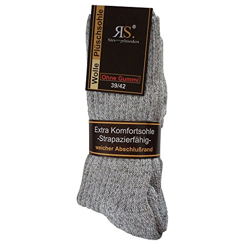 RS 6 Paar Norweger Socken ohne Gummi Diabetikersocken Wolle Ohne Gummizug Plüschsohle (47-50, Grau) von RS